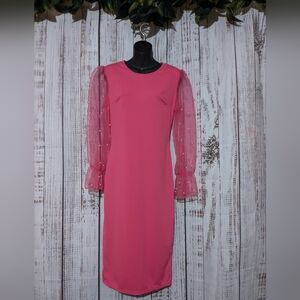 Elegant Pink Bodycon midi Dress w/ Sheer Puffy Sleeves Pearl Accents